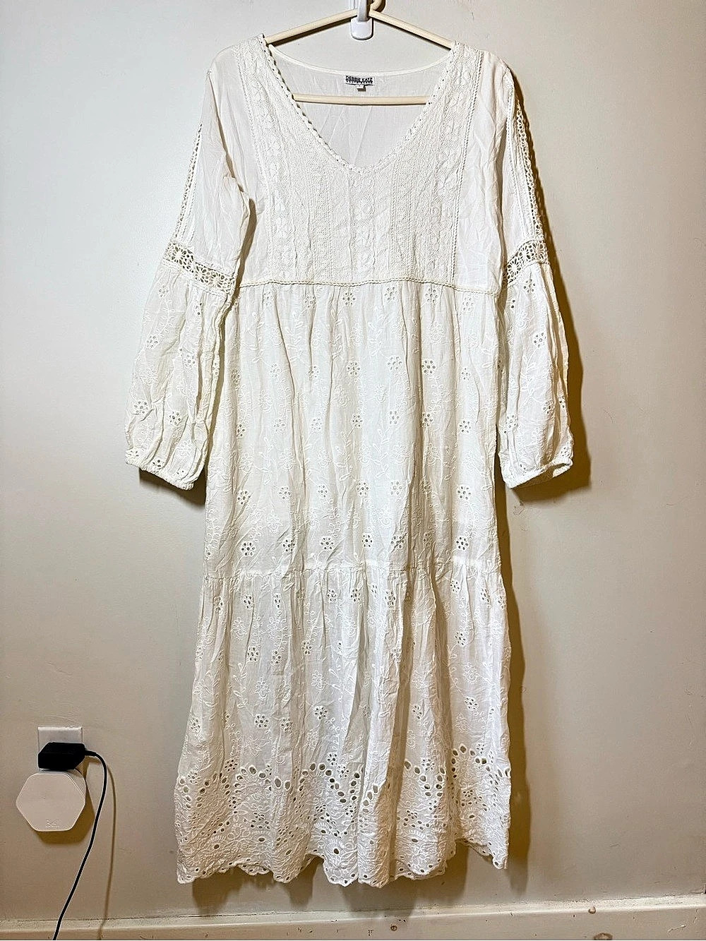 Debbie Katz Cotton Eyelet Tiered Maxi Dress crochet lace embroidered white boho
